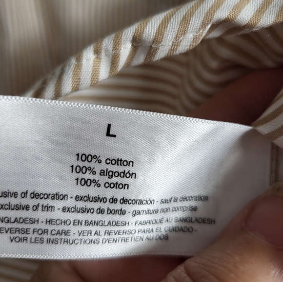 Gloria Vanderbilt tan white stripe button down shirt women's L #2236 - Picture 6 of 8